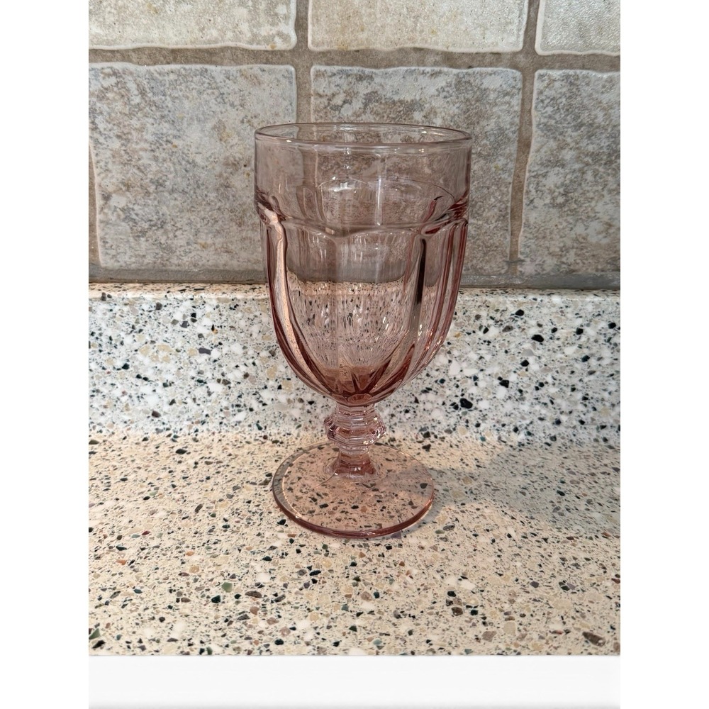 Libbey Glass Lg Pink Ribbed Water 7" Goblet Duratuff  Gibraltar Pattern Vtg USA